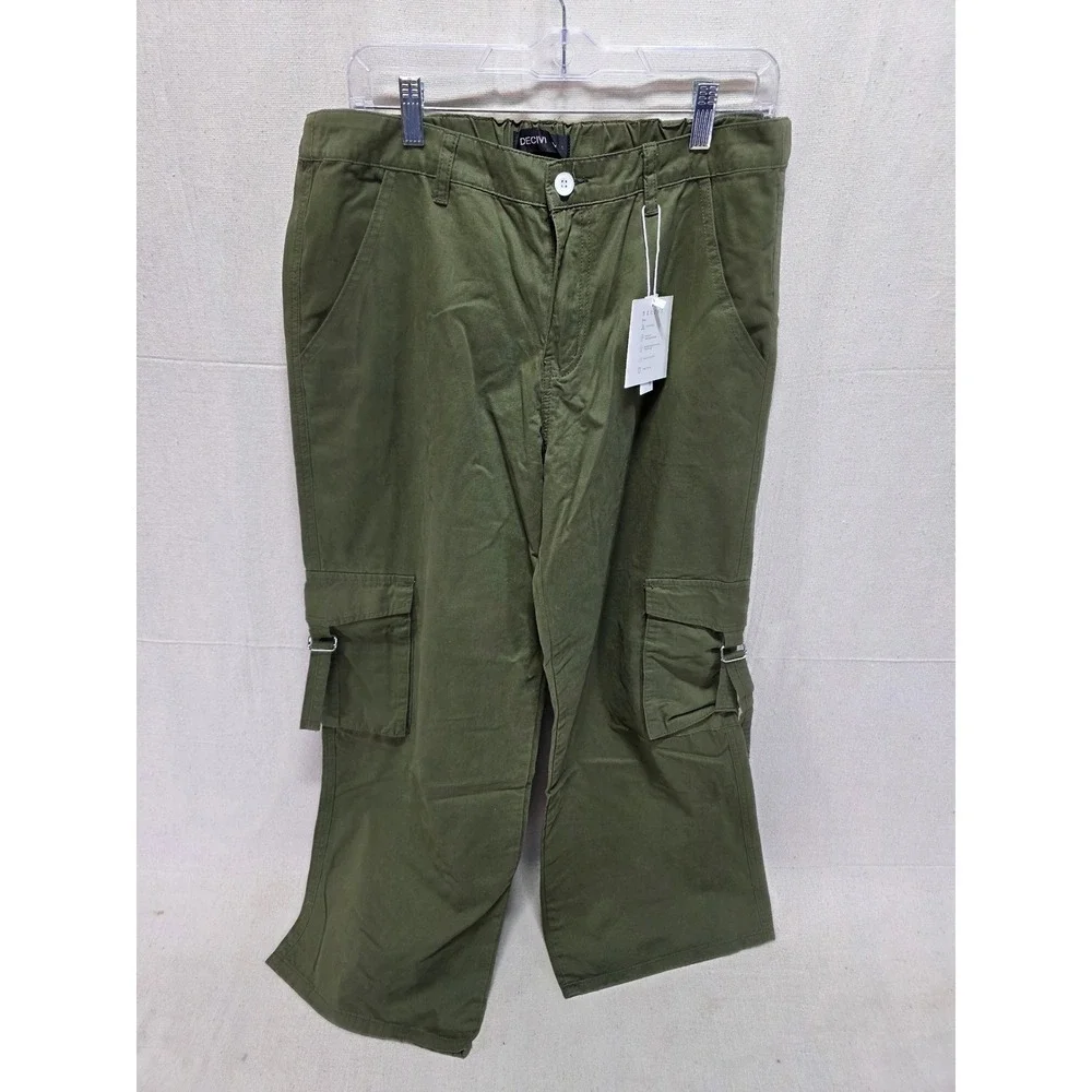 DECIVI Olive Green Wide Leg Cargo Pants Buckle Detail Streetwear Mens XL